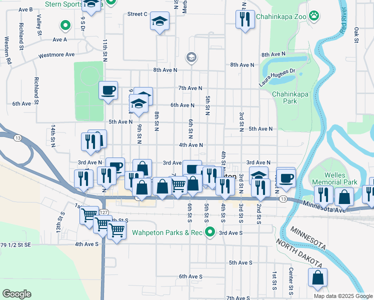 map of restaurants, bars, coffee shops, grocery stores, and more near 406 7th Street South in Wahpeton