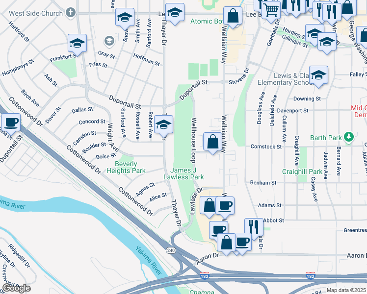 map of restaurants, bars, coffee shops, grocery stores, and more near 251 Wellhouse Loop in Richland