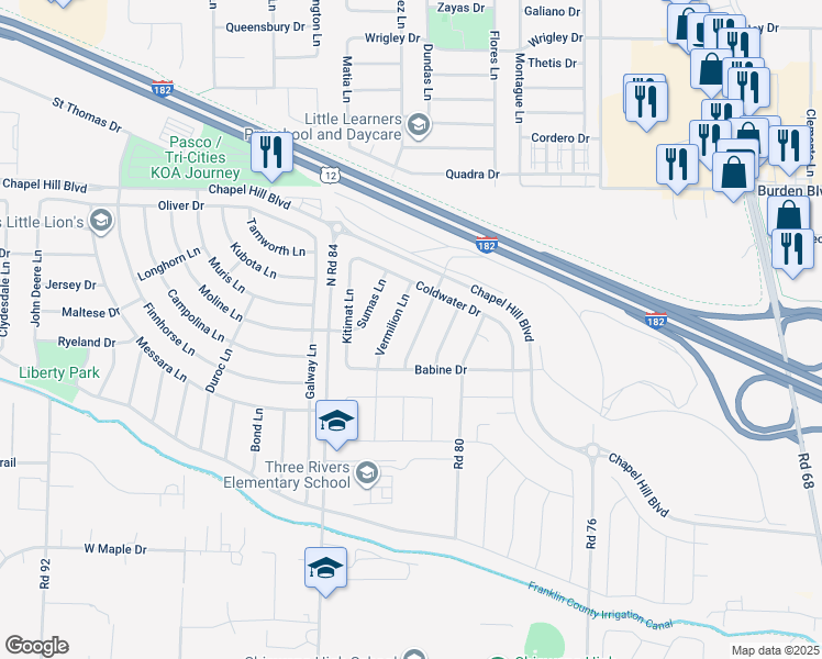 map of restaurants, bars, coffee shops, grocery stores, and more near North Road 84 in Pasco