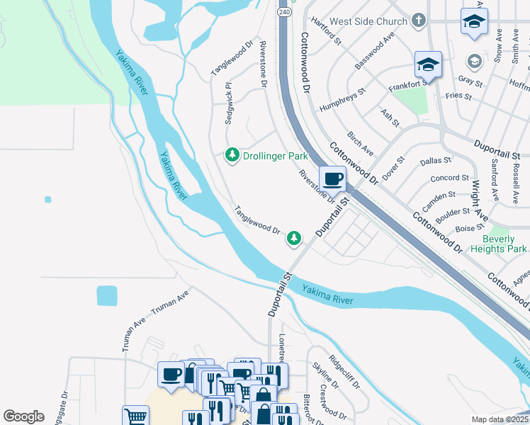 map of restaurants, bars, coffee shops, grocery stores, and more near 2550 Duportail Street in Richland
