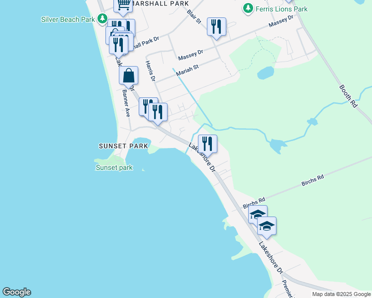 map of restaurants, bars, coffee shops, grocery stores, and more near 671 Lakeshore Drive in North Bay