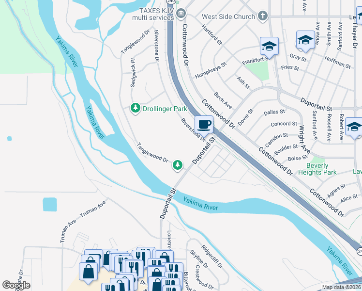 map of restaurants, bars, coffee shops, grocery stores, and more near 2550 Duportail Street in Richland