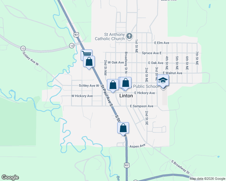 map of restaurants, bars, coffee shops, grocery stores, and more near 100-198 1st Street Northwest in Linton
