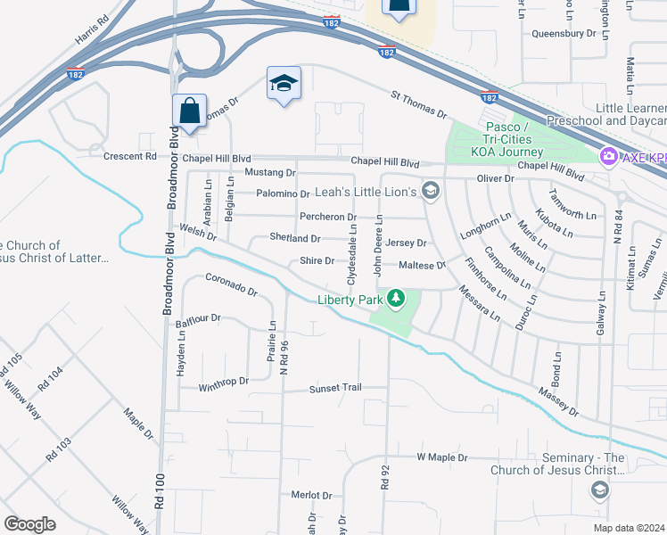 map of restaurants, bars, coffee shops, grocery stores, and more near 9319 Shire Drive in Pasco