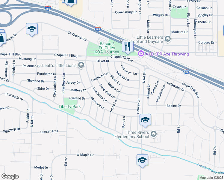 map of restaurants, bars, coffee shops, grocery stores, and more near 4510 Moline Lane in Pasco
