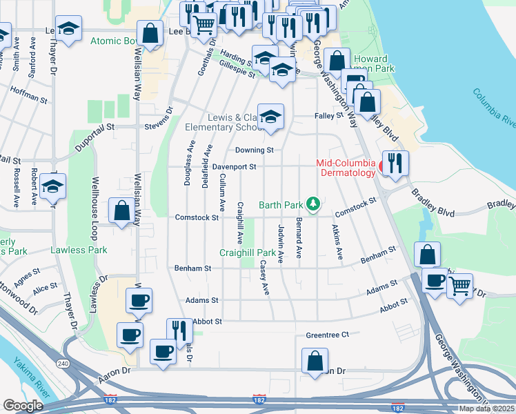 map of restaurants, bars, coffee shops, grocery stores, and more near 309 Casey Avenue in Richland