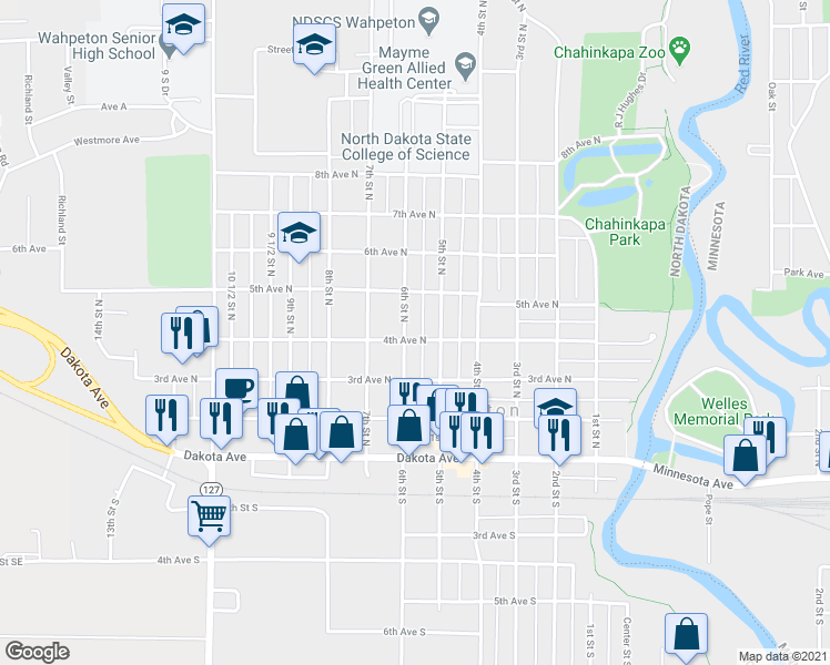 map of restaurants, bars, coffee shops, grocery stores, and more near 409 5th Street South in Wahpeton