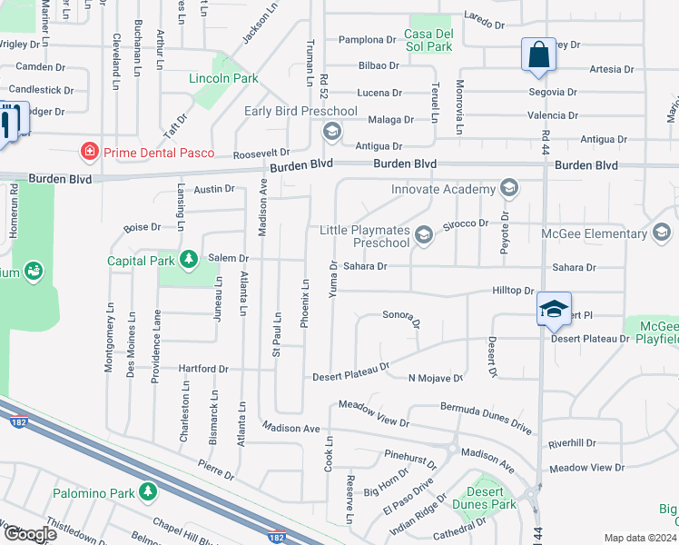 map of restaurants, bars, coffee shops, grocery stores, and more near 5106 Sahara Drive in Pasco
