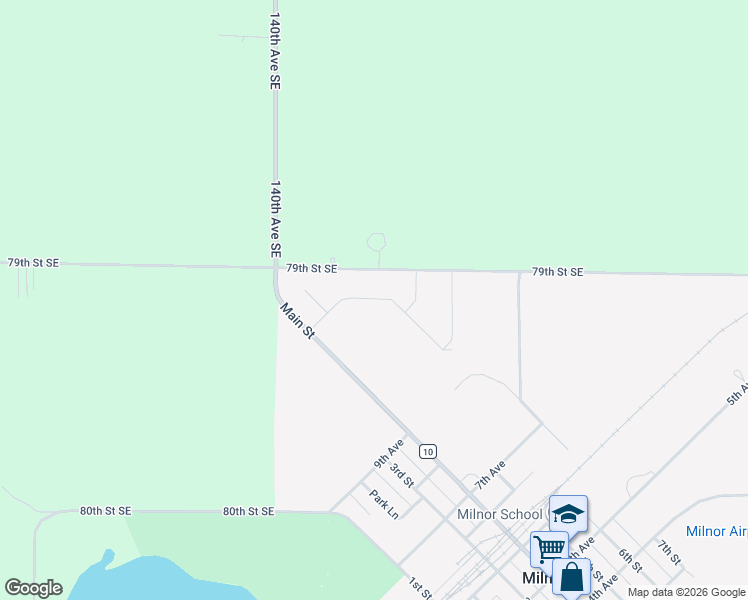 map of restaurants, bars, coffee shops, grocery stores, and more near 14023 79th Street Southeast in Milnor