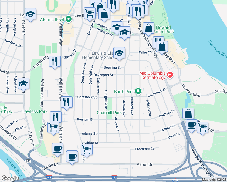 map of restaurants, bars, coffee shops, grocery stores, and more near 309 Casey Avenue in Richland