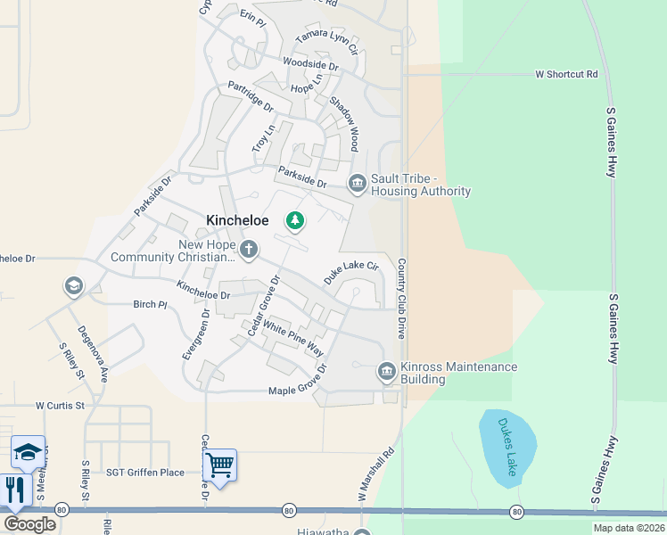 map of restaurants, bars, coffee shops, grocery stores, and more near 1-99 Duke Lake Circle in Kinross Charter Township