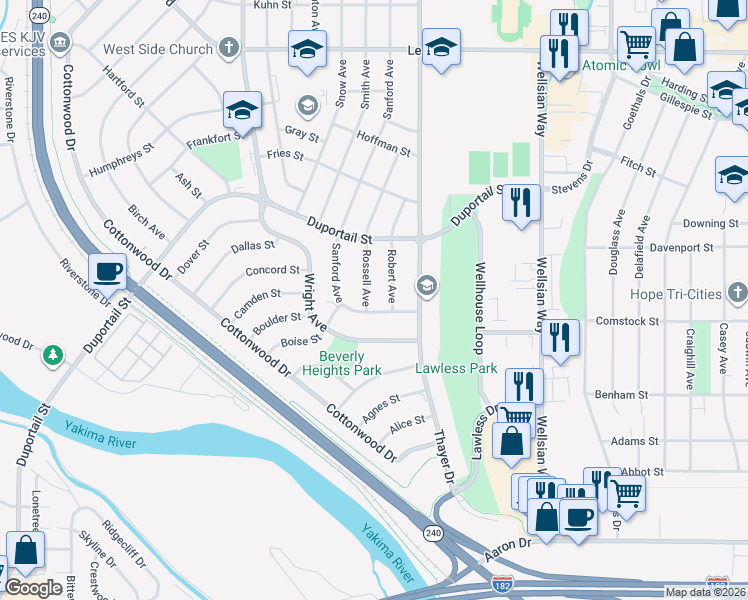 map of restaurants, bars, coffee shops, grocery stores, and more near 304 Rossell Avenue in Richland