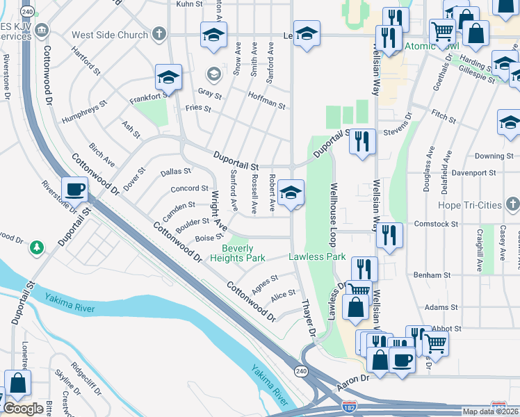 map of restaurants, bars, coffee shops, grocery stores, and more near 304 Rossell Avenue in Richland