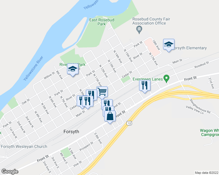 map of restaurants, bars, coffee shops, grocery stores, and more near 1180 Cedar Street in Forsyth