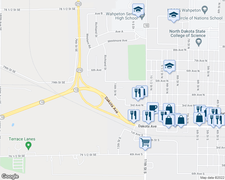 map of restaurants, bars, coffee shops, grocery stores, and more near 367 14th Street North in Wahpeton