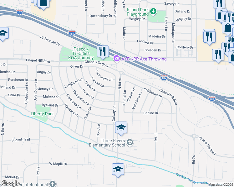 map of restaurants, bars, coffee shops, grocery stores, and more near 4429 Galway Lane in Pasco