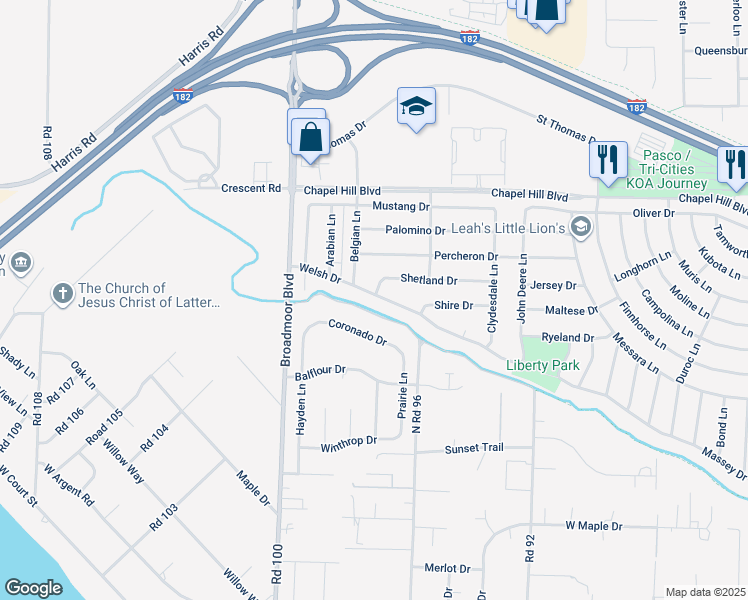 map of restaurants, bars, coffee shops, grocery stores, and more near 9708 Welsh Drive in Pasco