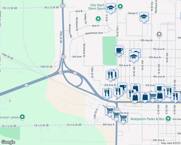 map of restaurants, bars, coffee shops, grocery stores, and more near 374 14th Street North in Wahpeton