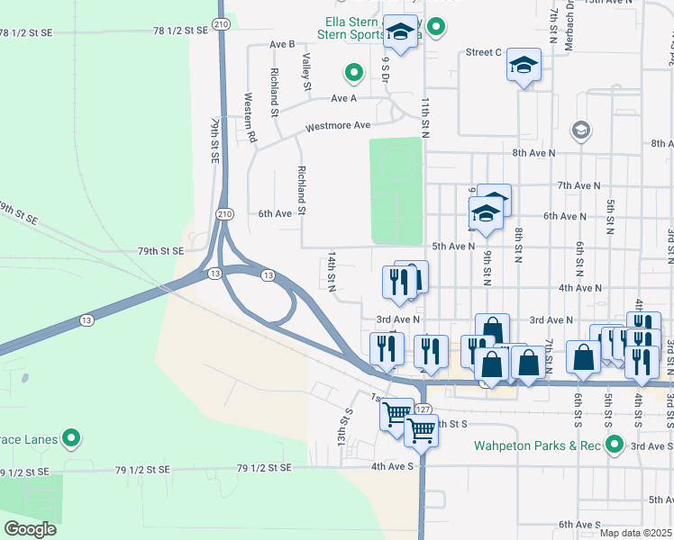 map of restaurants, bars, coffee shops, grocery stores, and more near 374 14th Street North in Wahpeton