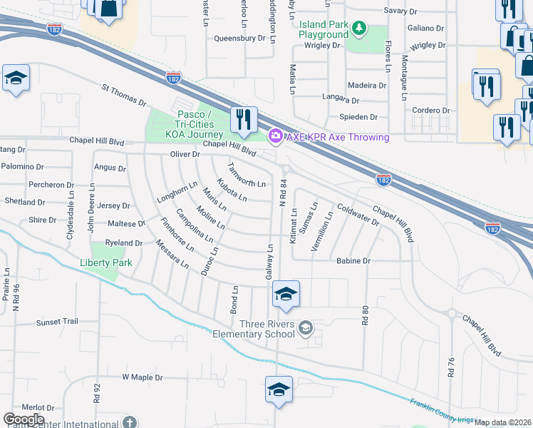 map of restaurants, bars, coffee shops, grocery stores, and more near 4429 Galway Lane in Pasco