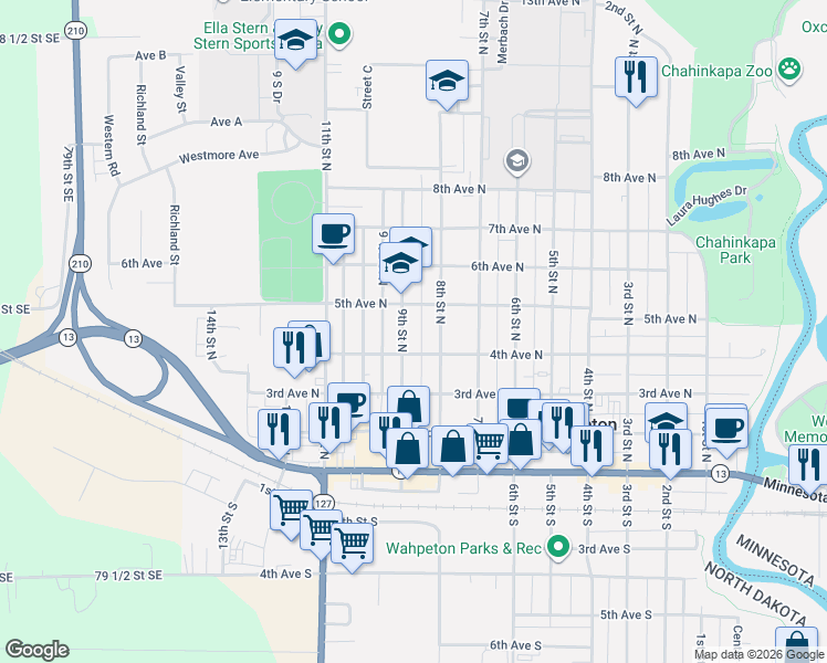 map of restaurants, bars, coffee shops, grocery stores, and more near 824 4th Avenue North in Wahpeton
