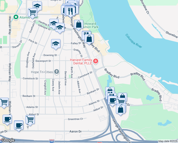 map of restaurants, bars, coffee shops, grocery stores, and more near 200 Comstock Street in Richland