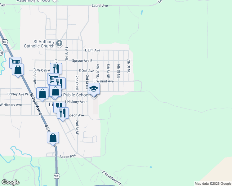 map of restaurants, bars, coffee shops, grocery stores, and more near 202 6th Street Northeast in Linton