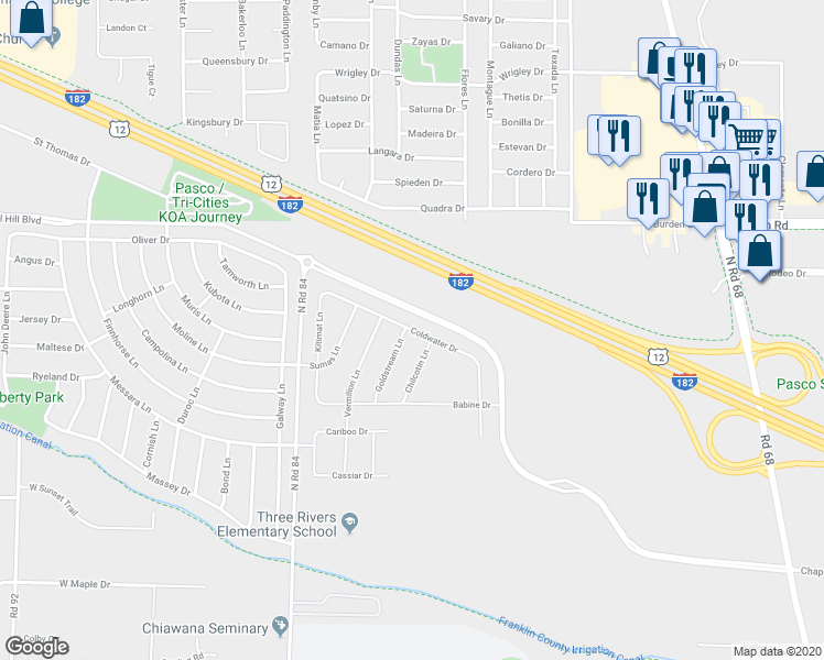 map of restaurants, bars, coffee shops, grocery stores, and more near Coldwater Drive in Pasco