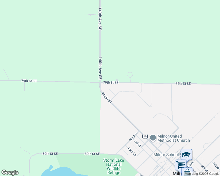 map of restaurants, bars, coffee shops, grocery stores, and more near 975 Main Street in Milnor