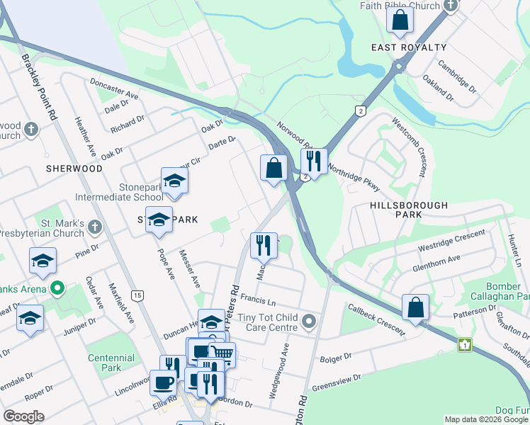 map of restaurants, bars, coffee shops, grocery stores, and more near 251 Saint Peters Road in Charlottetown