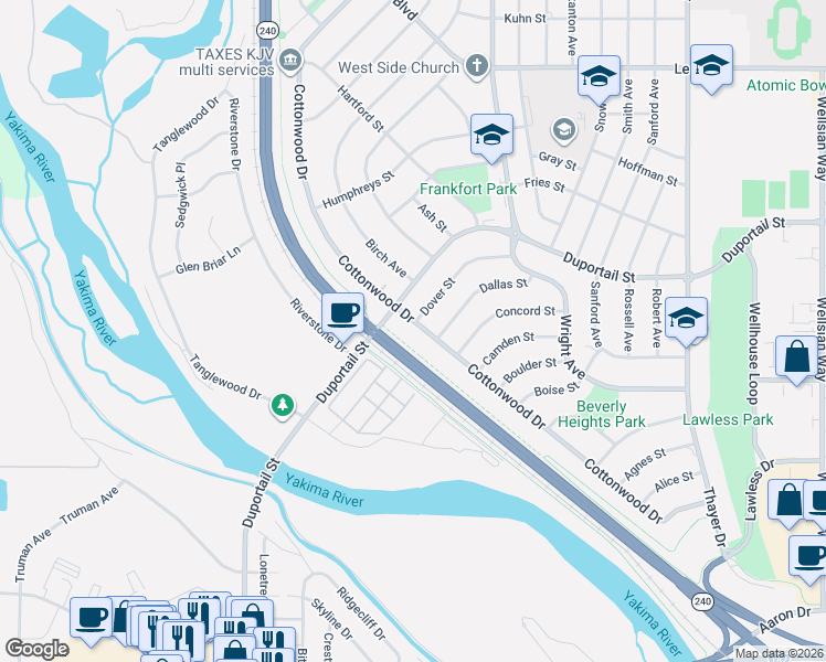 map of restaurants, bars, coffee shops, grocery stores, and more near Green Belt Trail in Richland