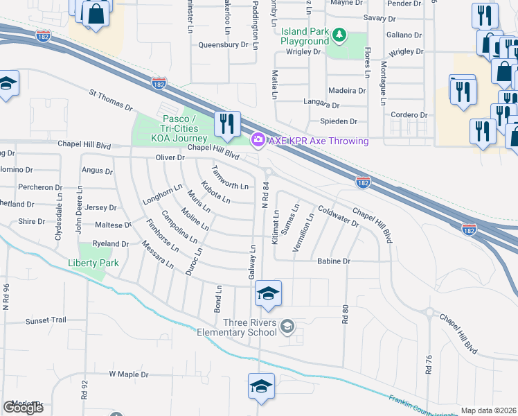 map of restaurants, bars, coffee shops, grocery stores, and more near 4429 Galway Lane in Pasco