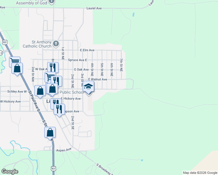 map of restaurants, bars, coffee shops, grocery stores, and more near 202 6th Street Northeast in Linton