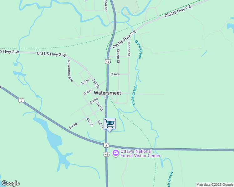 map of restaurants, bars, coffee shops, grocery stores, and more near D Avenue in Watersmeet