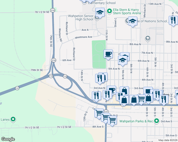 map of restaurants, bars, coffee shops, grocery stores, and more near 1301-1399 4th Avenue North in Wahpeton
