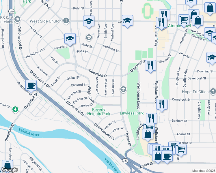 map of restaurants, bars, coffee shops, grocery stores, and more near 304 Rossell Avenue in Richland