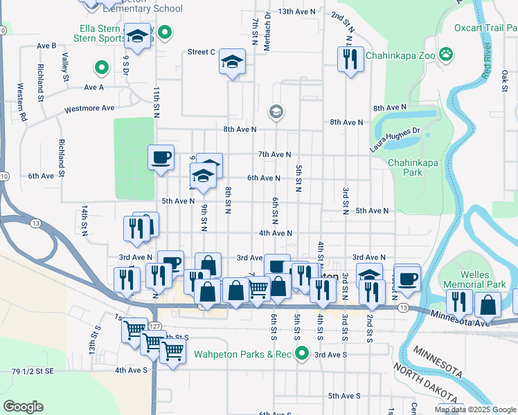 map of restaurants, bars, coffee shops, grocery stores, and more near 406 7th Street South in Wahpeton