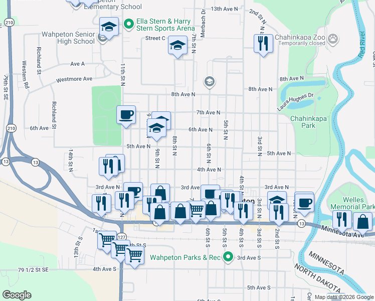 map of restaurants, bars, coffee shops, grocery stores, and more near 700-798 4th Avenue North in Wahpeton