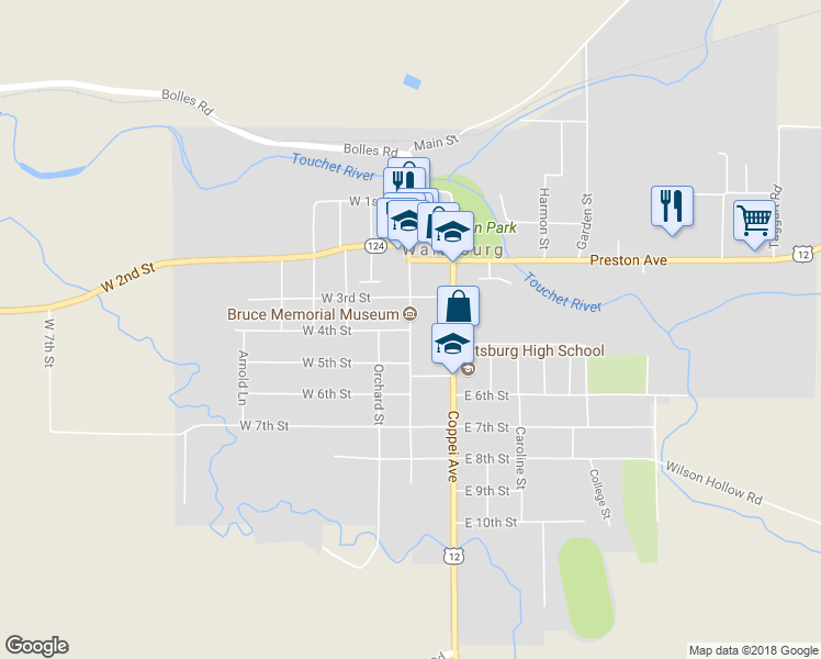 map of restaurants, bars, coffee shops, grocery stores, and more near Main St & W 4th St in Waitsburg