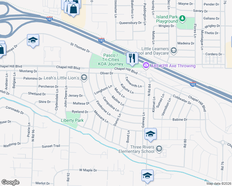 map of restaurants, bars, coffee shops, grocery stores, and more near 4601 Muris Lane in Pasco