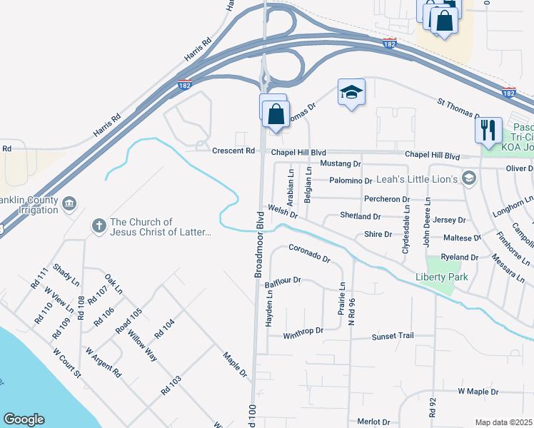 map of restaurants, bars, coffee shops, grocery stores, and more near 4391 Broadmoor Boulevard in Pasco