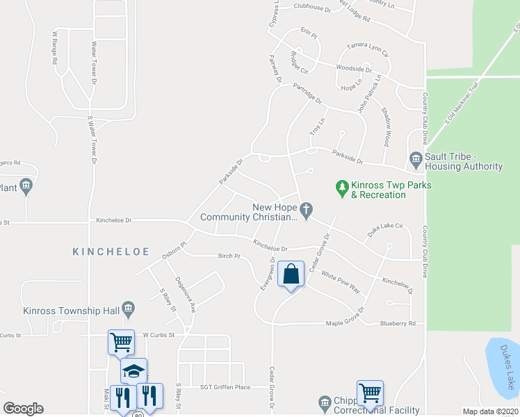 map of restaurants, bars, coffee shops, grocery stores, and more near 14 Monterey Drive in Kinross Charter Township