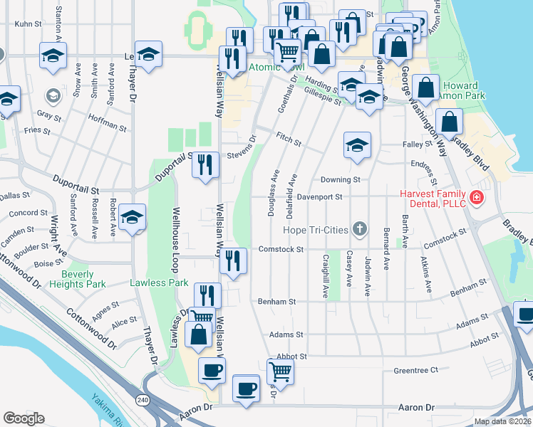 map of restaurants, bars, coffee shops, grocery stores, and more near 321 Douglass Avenue in Richland