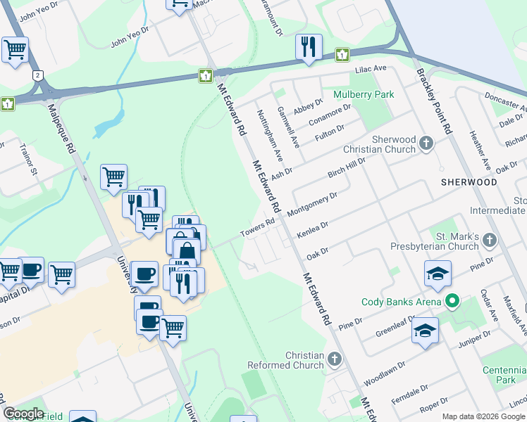 map of restaurants, bars, coffee shops, grocery stores, and more near Freda Lane in Charlottetown