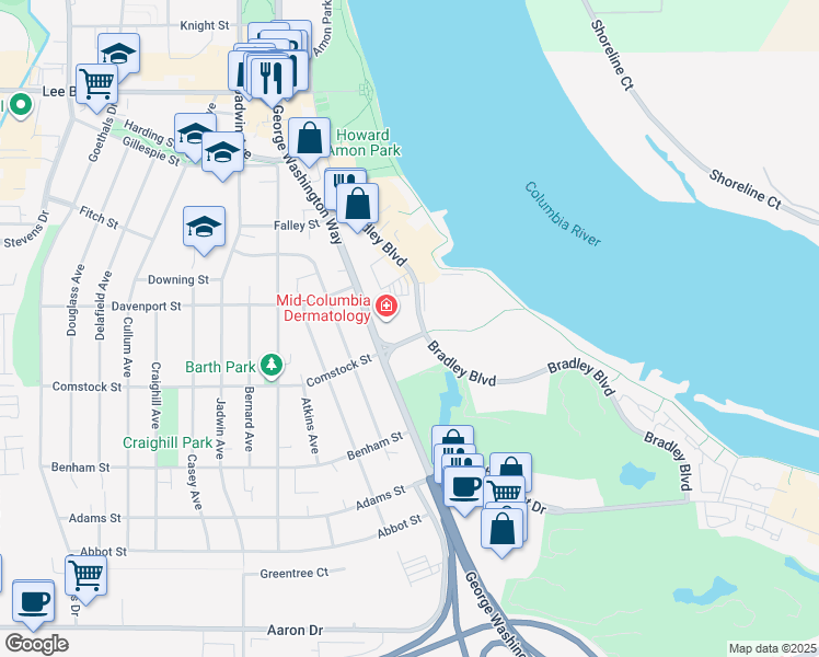 map of restaurants, bars, coffee shops, grocery stores, and more near 303 Bradley Boulevard in Richland
