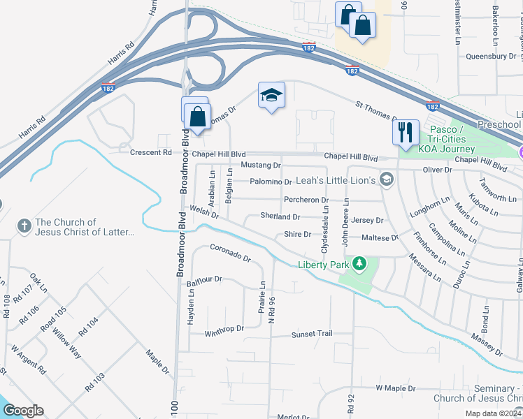 map of restaurants, bars, coffee shops, grocery stores, and more near 9607 Shetland Drive in Pasco