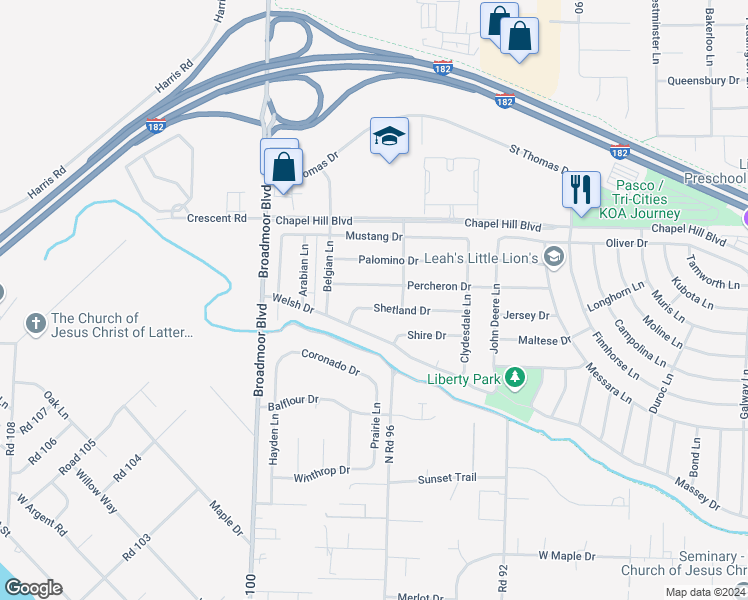 map of restaurants, bars, coffee shops, grocery stores, and more near 9607 Shetland Drive in Pasco