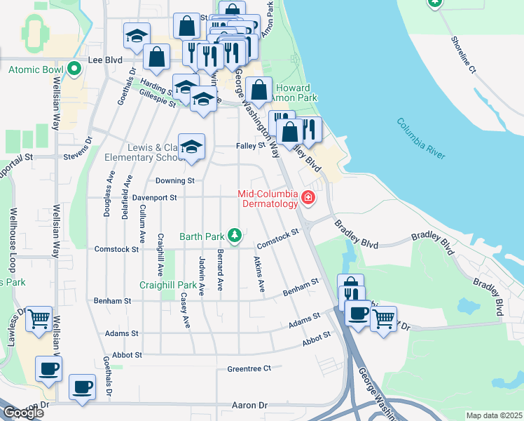 map of restaurants, bars, coffee shops, grocery stores, and more near 207 Davenport Street in Richland