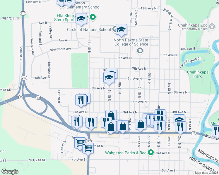 map of restaurants, bars, coffee shops, grocery stores, and more near 508 9th Street North in Wahpeton