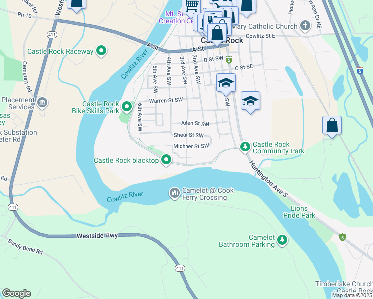 map of restaurants, bars, coffee shops, grocery stores, and more near 236 Michner Street Southwest in Castle Rock